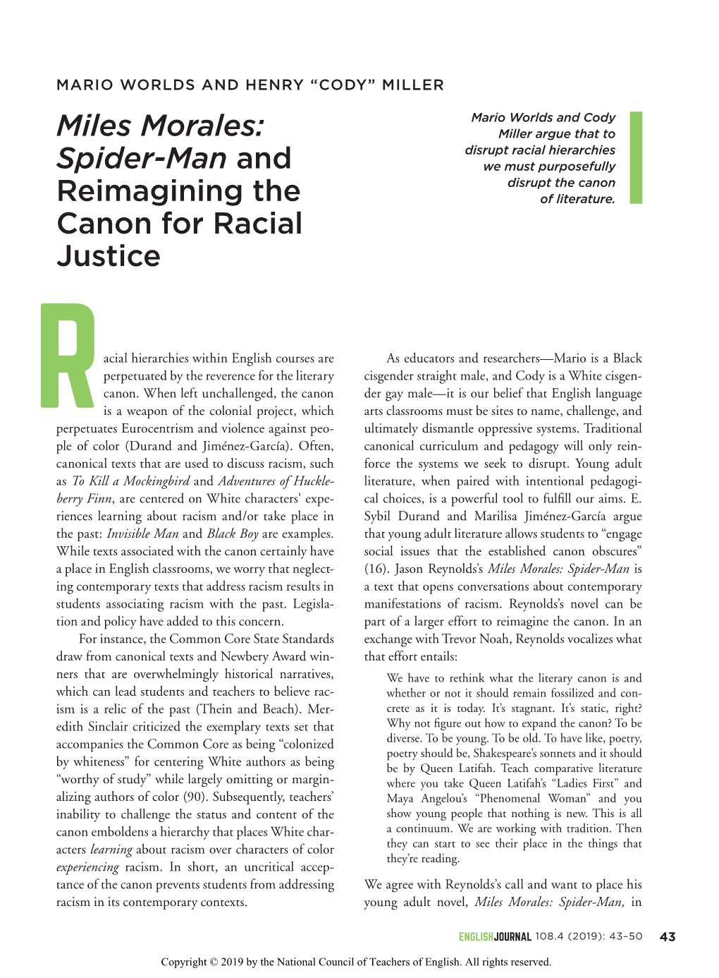 Miles Morales: Spider-Man and Reimagining the Canon for Racial Justice