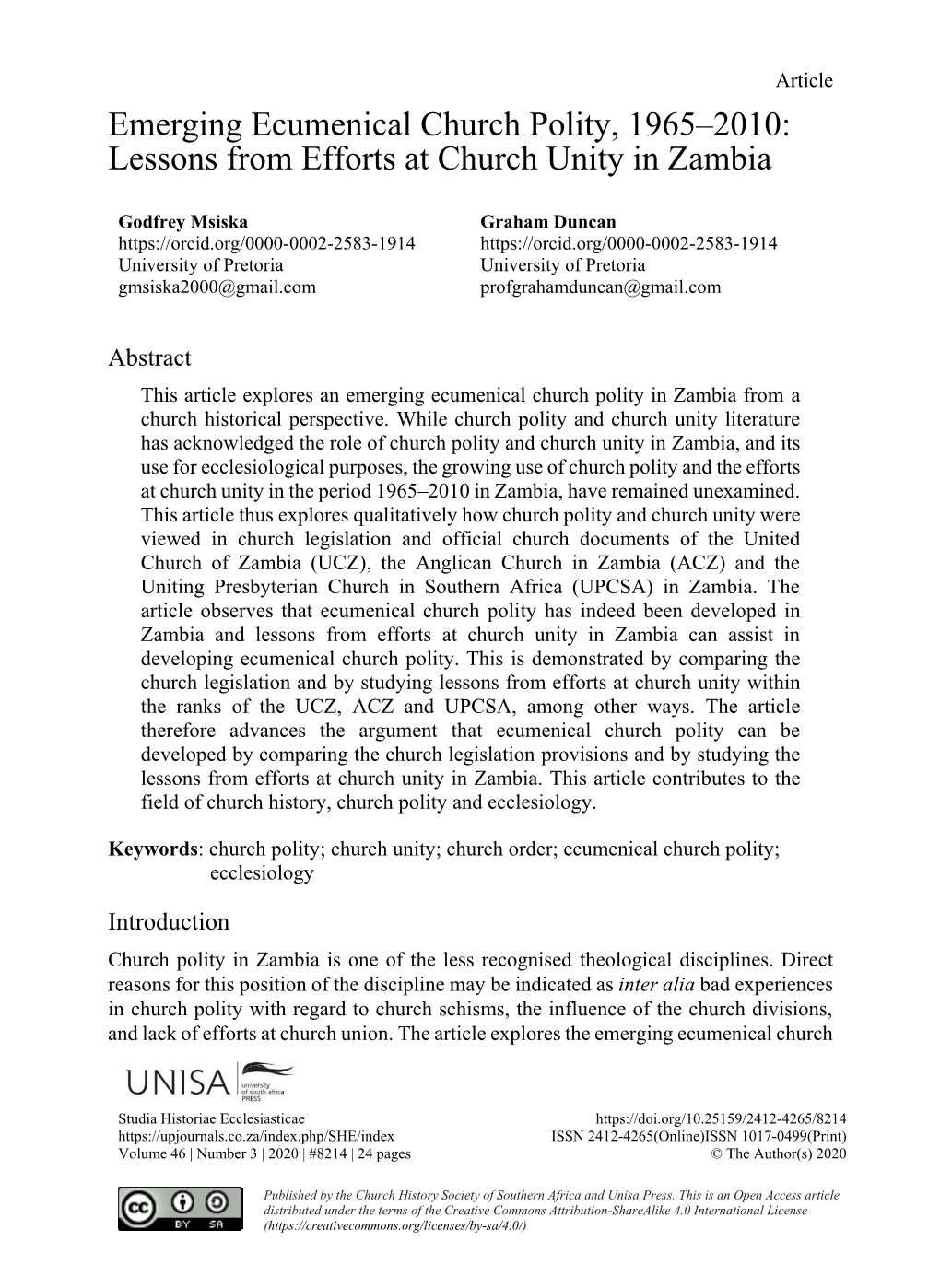 Emerging Ecumenical Church Polity, 1965–2010: Lessons from Efforts at Church Unity in Zambia