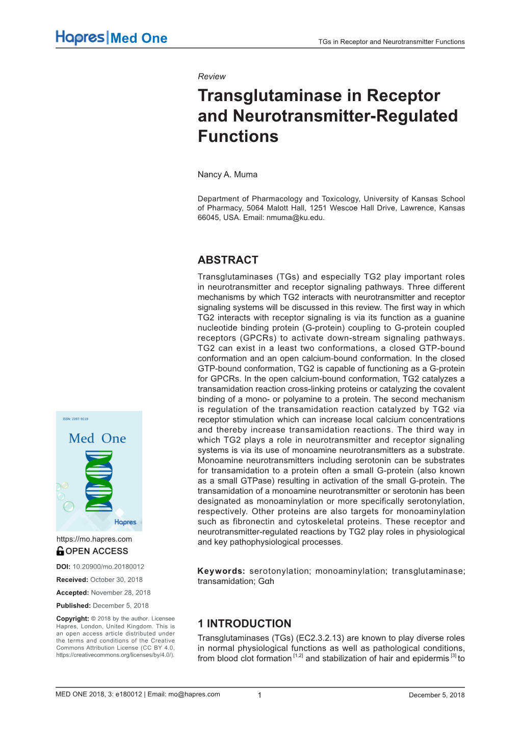 Transglutaminase in Receptor and Neurotransmitter-Regulated Functions