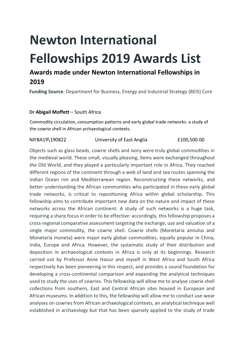 Newton International Fellowships 2019 Awards List