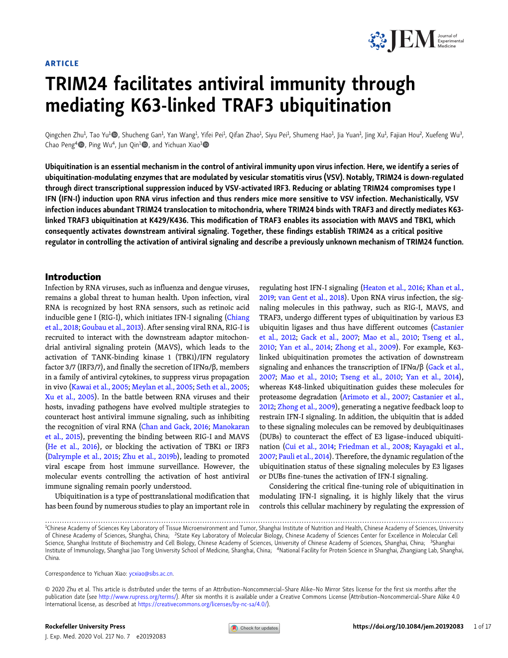 TRIM24 Facilitates Antiviral Immunity Through Mediating K63-Linked TRAF3 Ubiquitination