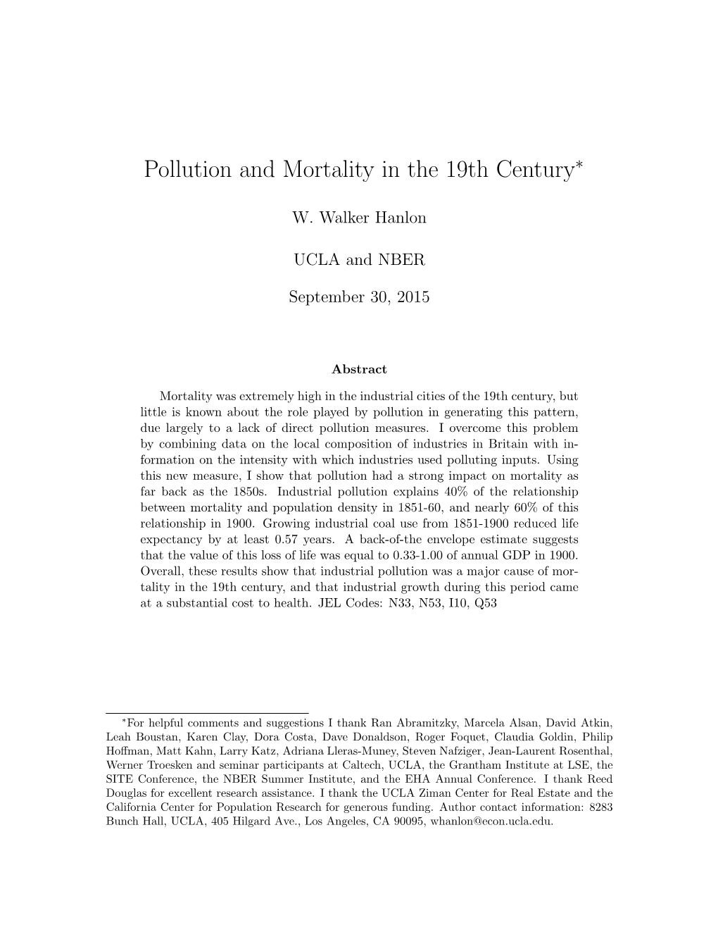 Pollution and Mortality in the 19Th Century∗