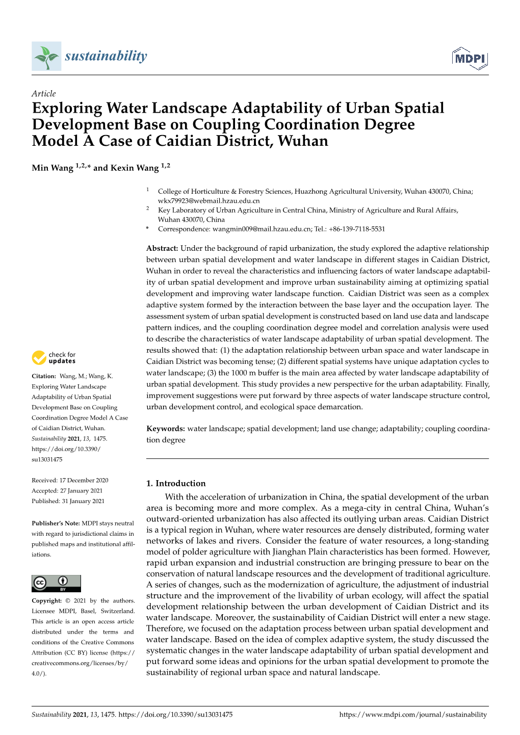 Exploring Water Landscape Adaptability of Urban Spatial Development Base on Coupling Coordination Degree Model a Case of Caidian District, Wuhan