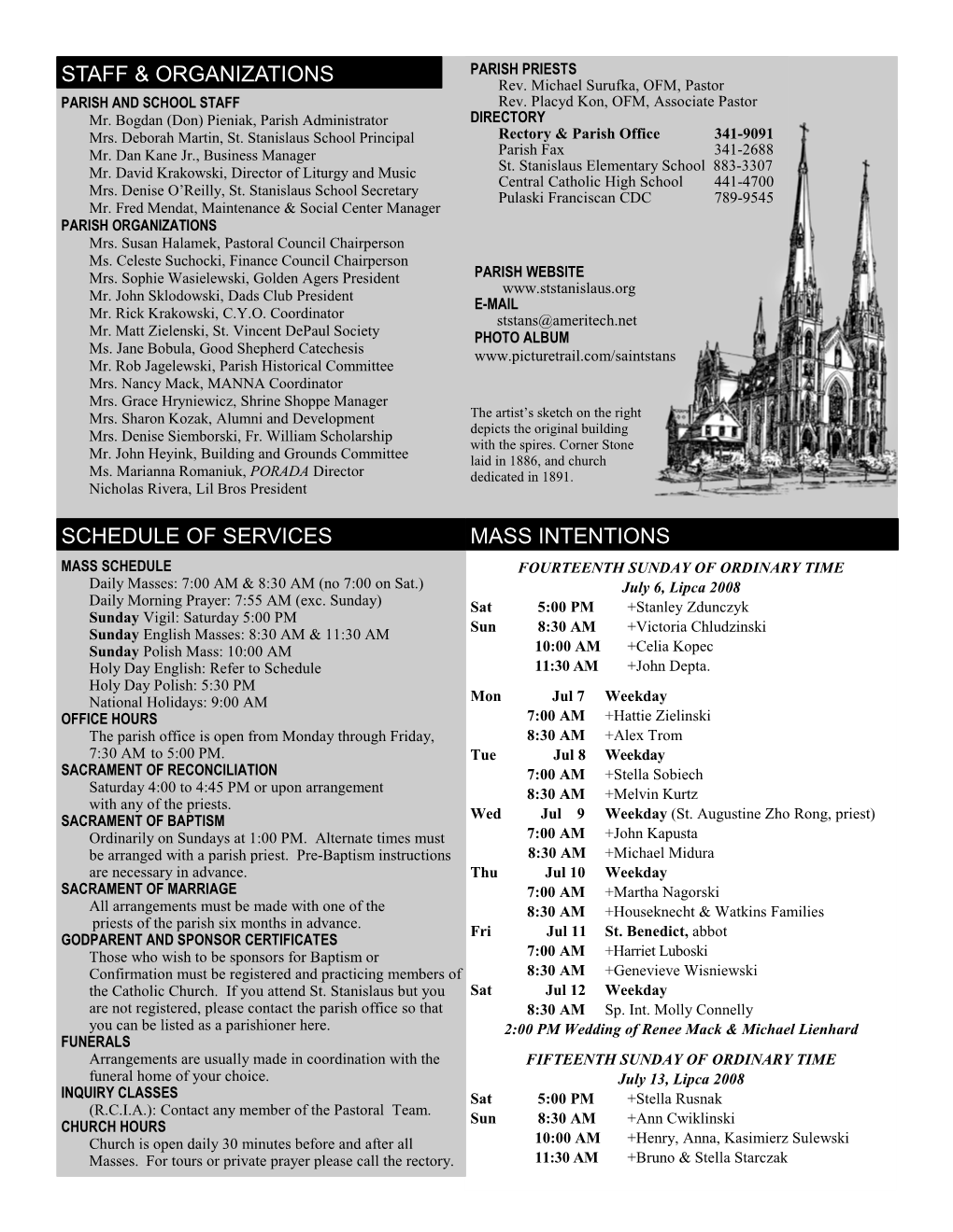 Schedule of Services Mass Intentions Staff
