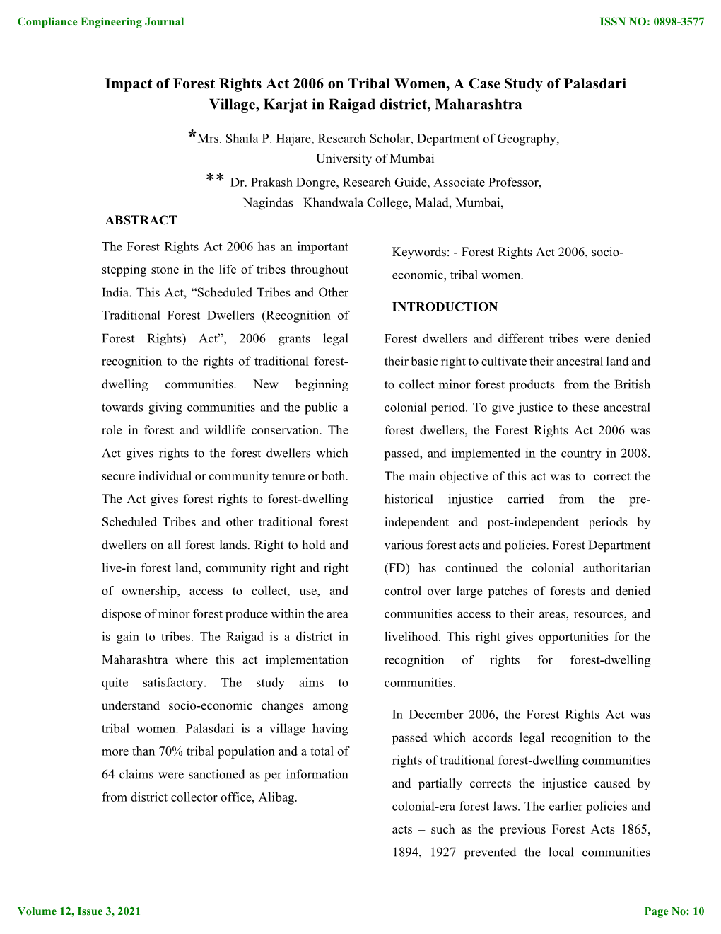 Impact of Forest Rights Act 2006 on Tribal Women, a Case Study of Palasdari Village, Karjat in Raigad District, Maharashtra