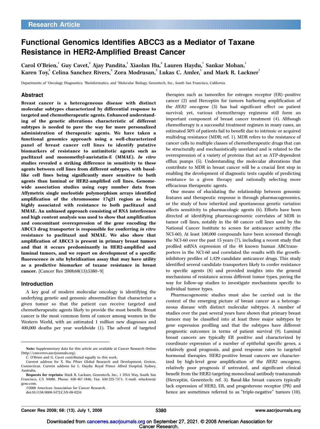 Functional Genomics Identifies ABCC3 As a Mediator of Taxane Resistance in HER2-Amplified Breast Cancer