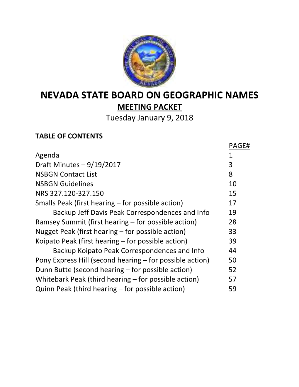 NEVADA STATE BOARD on GEOGRAPHIC NAMES MEETING PACKET Tuesday January 9, 2018