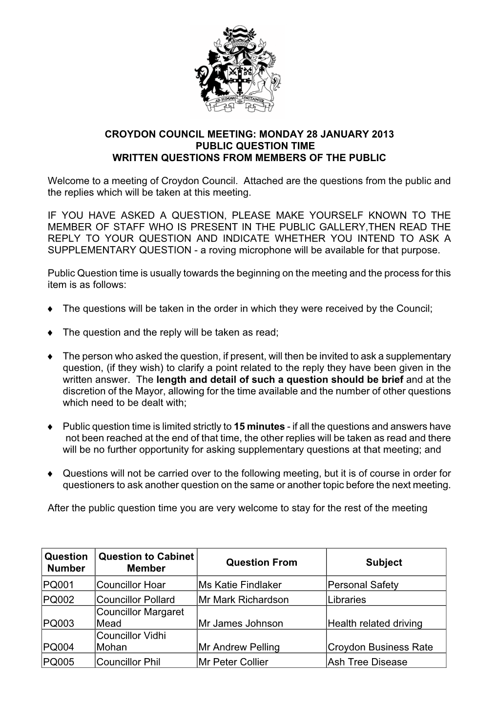 Croydon Council Meeting: Monday 28 January 2013 Public Question Time Written Questions from Members of the Public