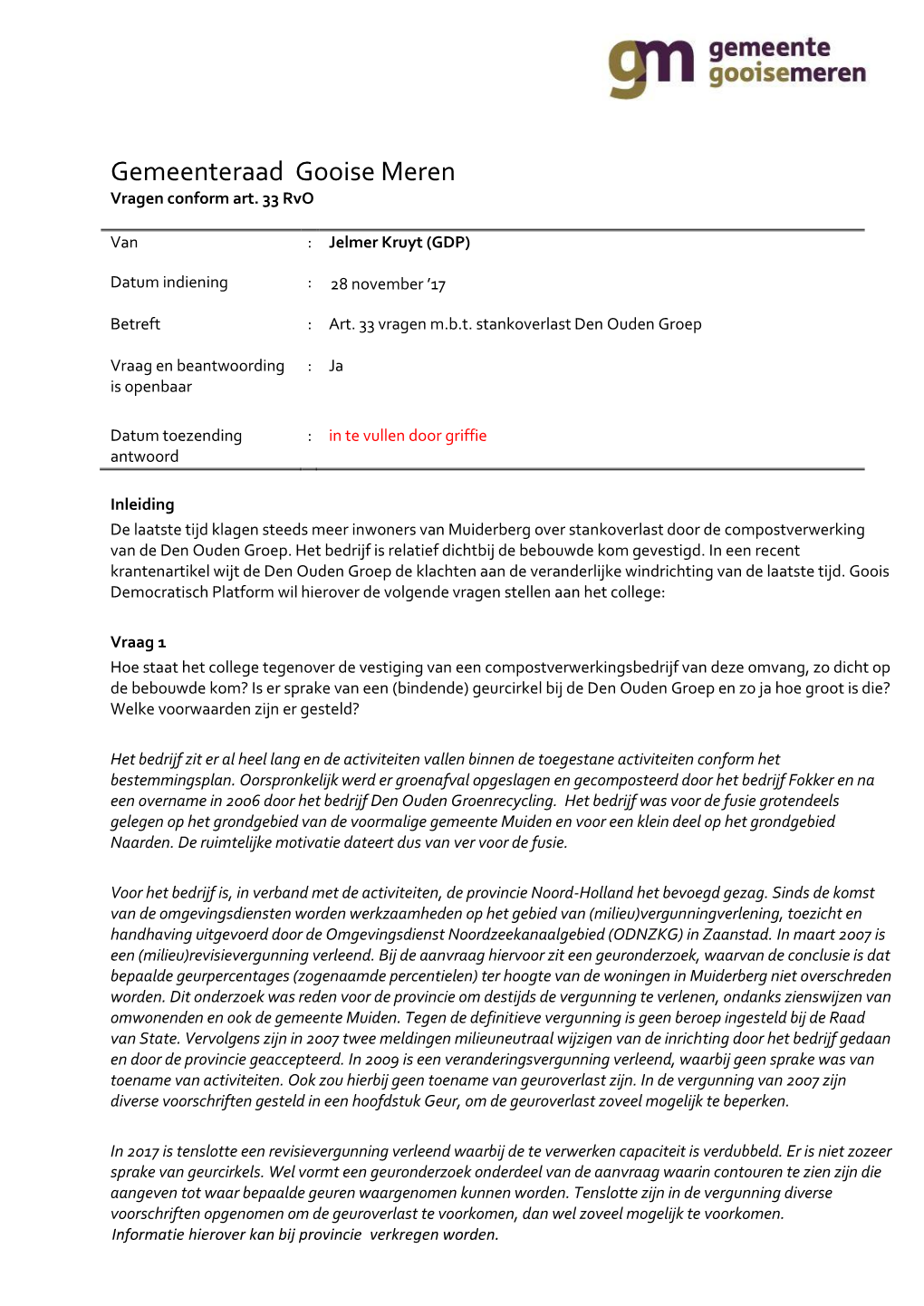 Gemeenteraad Gooise Meren Vragen Conform Art