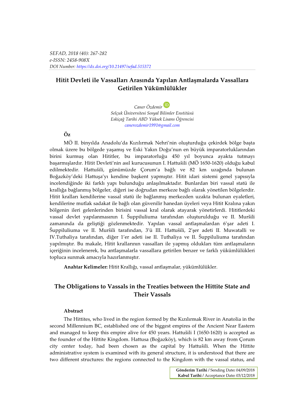 Hitit Devleti Ile Vassalları Arasında Yapılan Antlaşmalarda Vassallara Getirilen Yükümlülükler the Obligations to Vassal