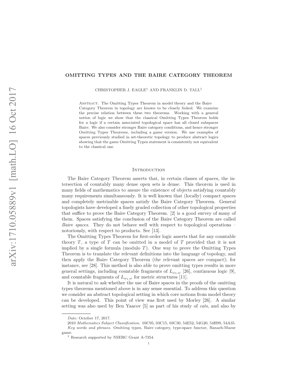 Omitting Types and the Baire Category Theorem 3