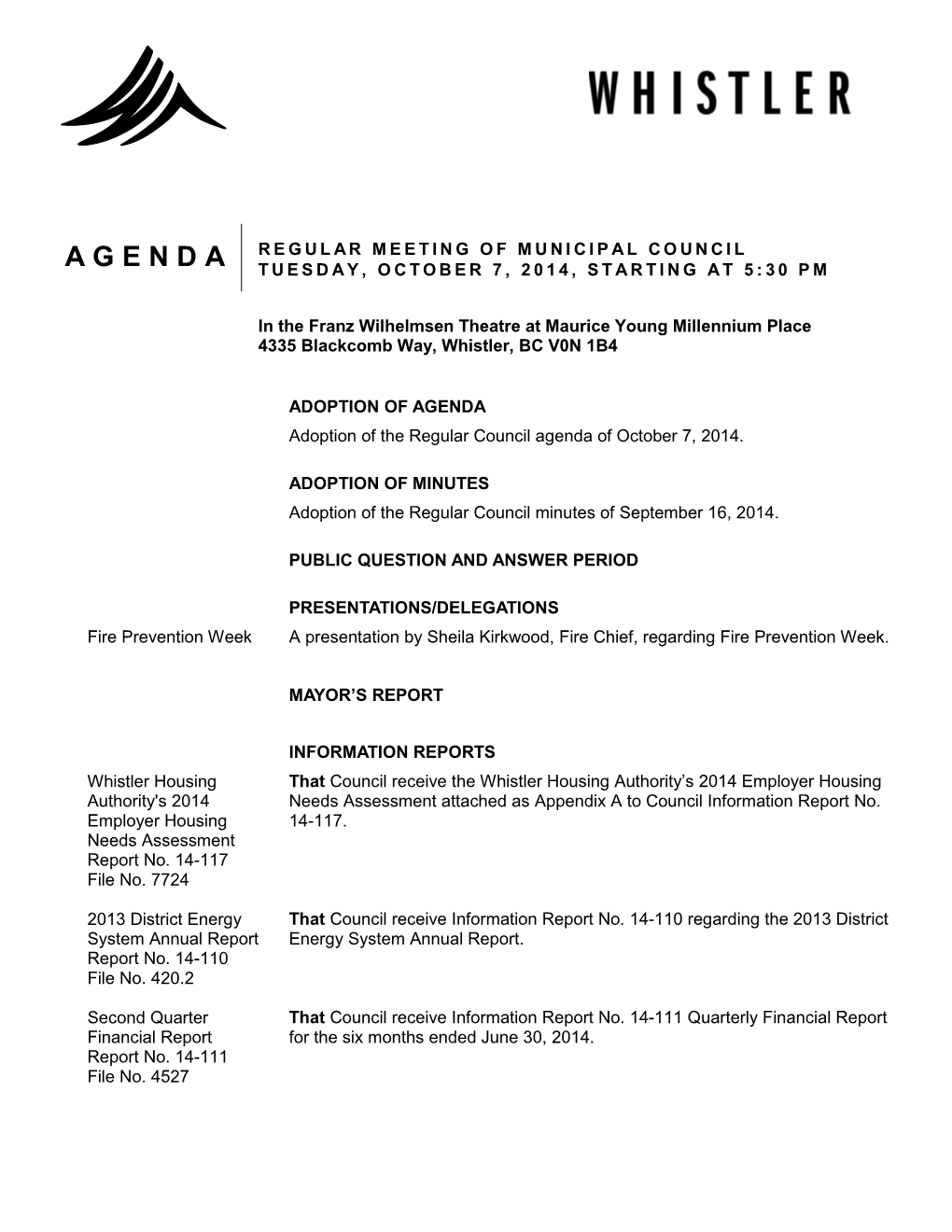 Regular Council Package for October 7, 2014