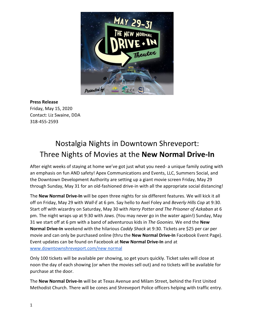 Nostalgia Nights in Downtown Shreveport: Three Nights of Movies at the New Normal Drive‐In