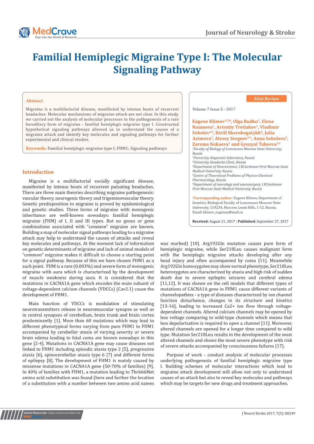 Familial Hemiplegic Migraine Type I: the Molecular Signaling Pathway