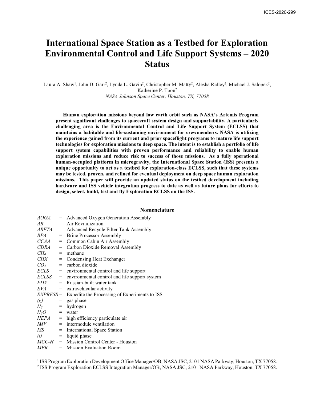 International Space Station As a Testbed for Exploration Environmental Control and Life Support Systems – 2020 Status