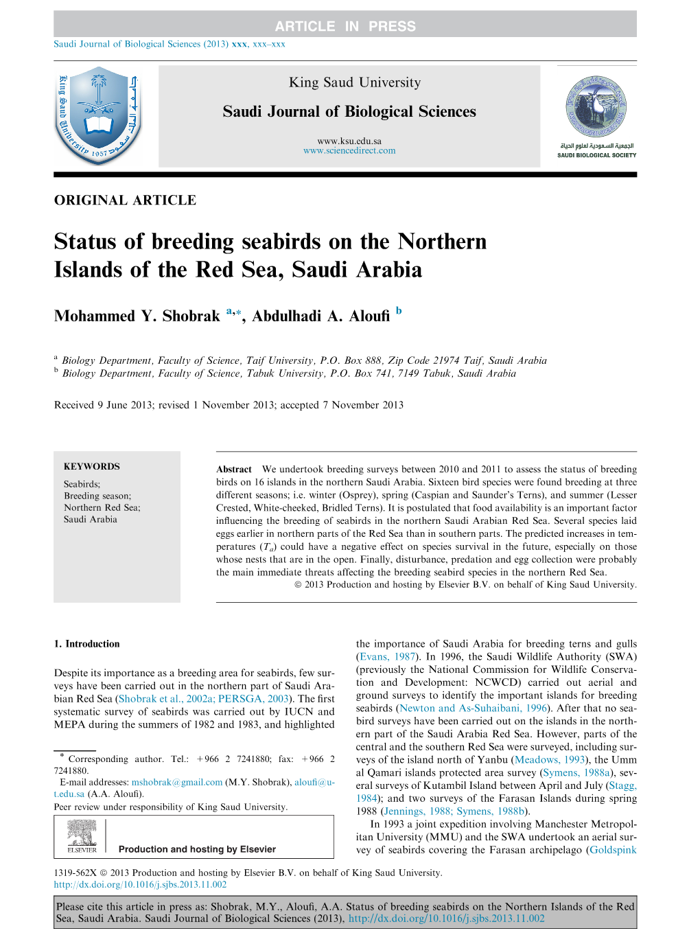 Status of Breeding Seabirds on the Northern Islands of the Red Sea, Saudi Arabia