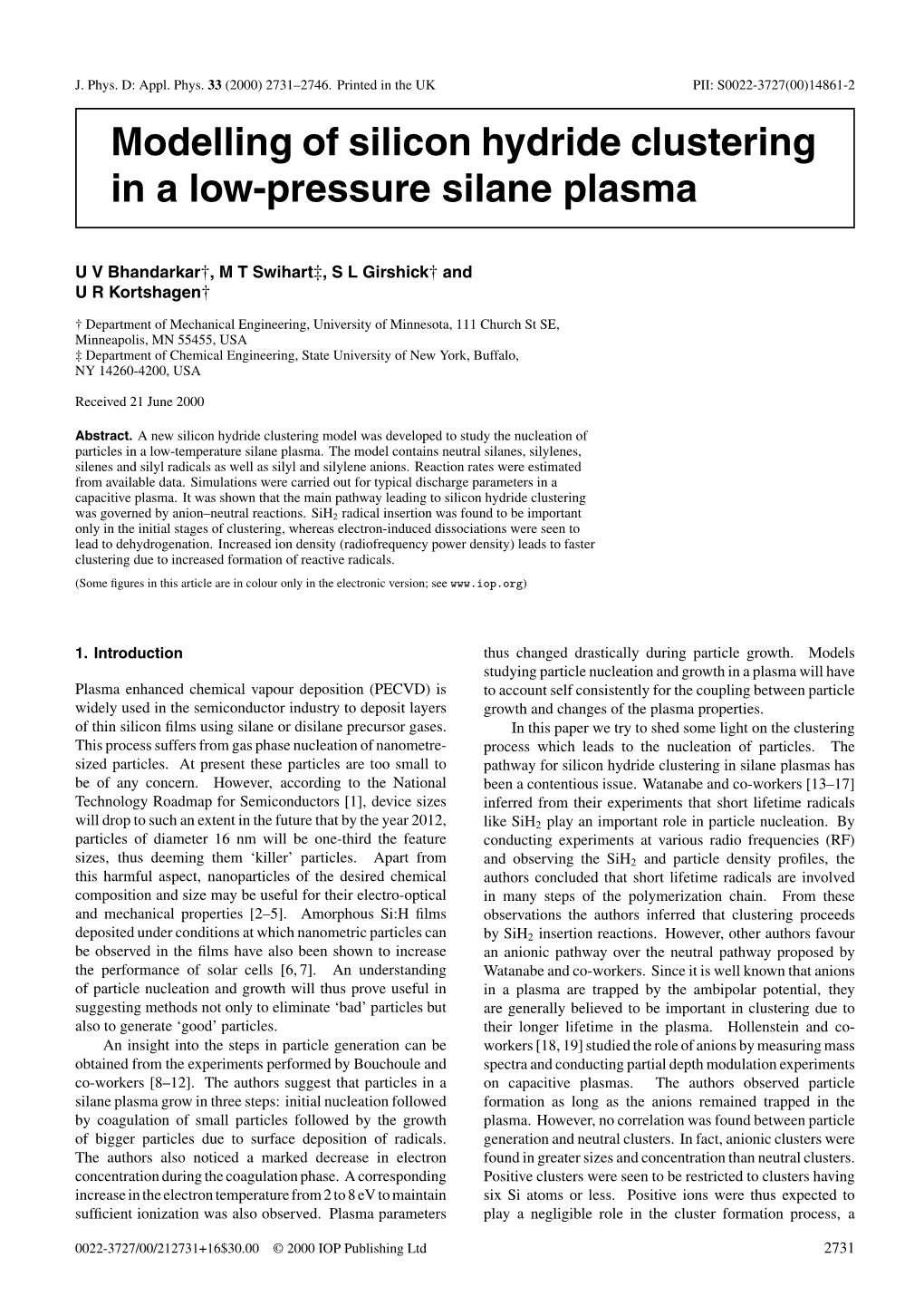 Modelling of Silicon Hydride Clustering in a Low-Pressure Silane Plasma