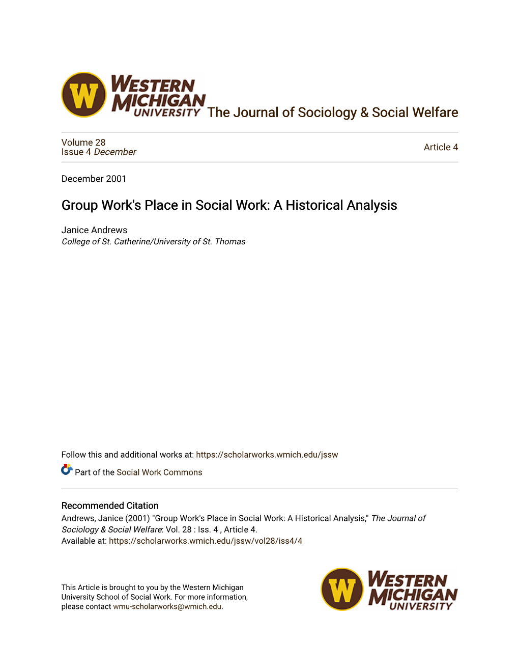 Group Work's Place in Social Work: a Historical Analysis