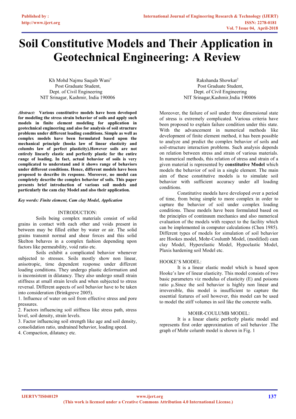 Soil Constitutive Models and Their Application in Geotechnical Engineering: a Review