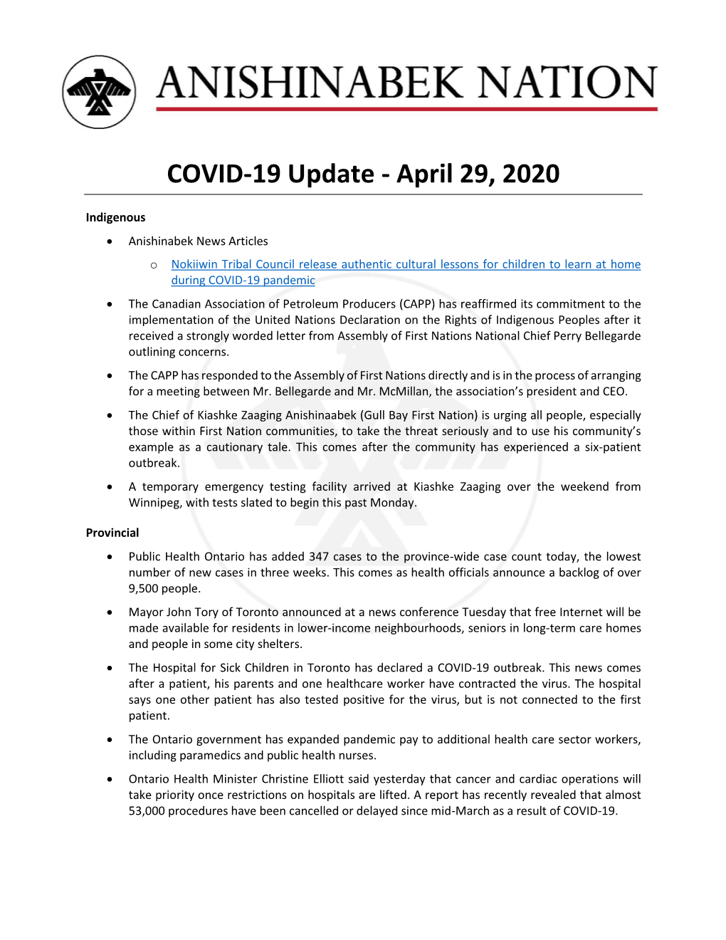 COVID-19 Update - April 29, 2020