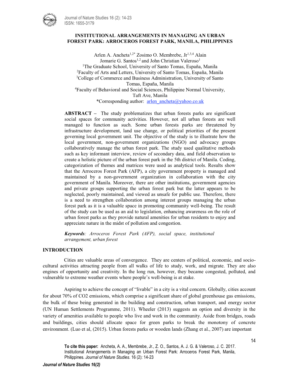 Institutional Arrangements in Managing an Urban Forest Park: Arroceros Forest Park, Manila, Philippines