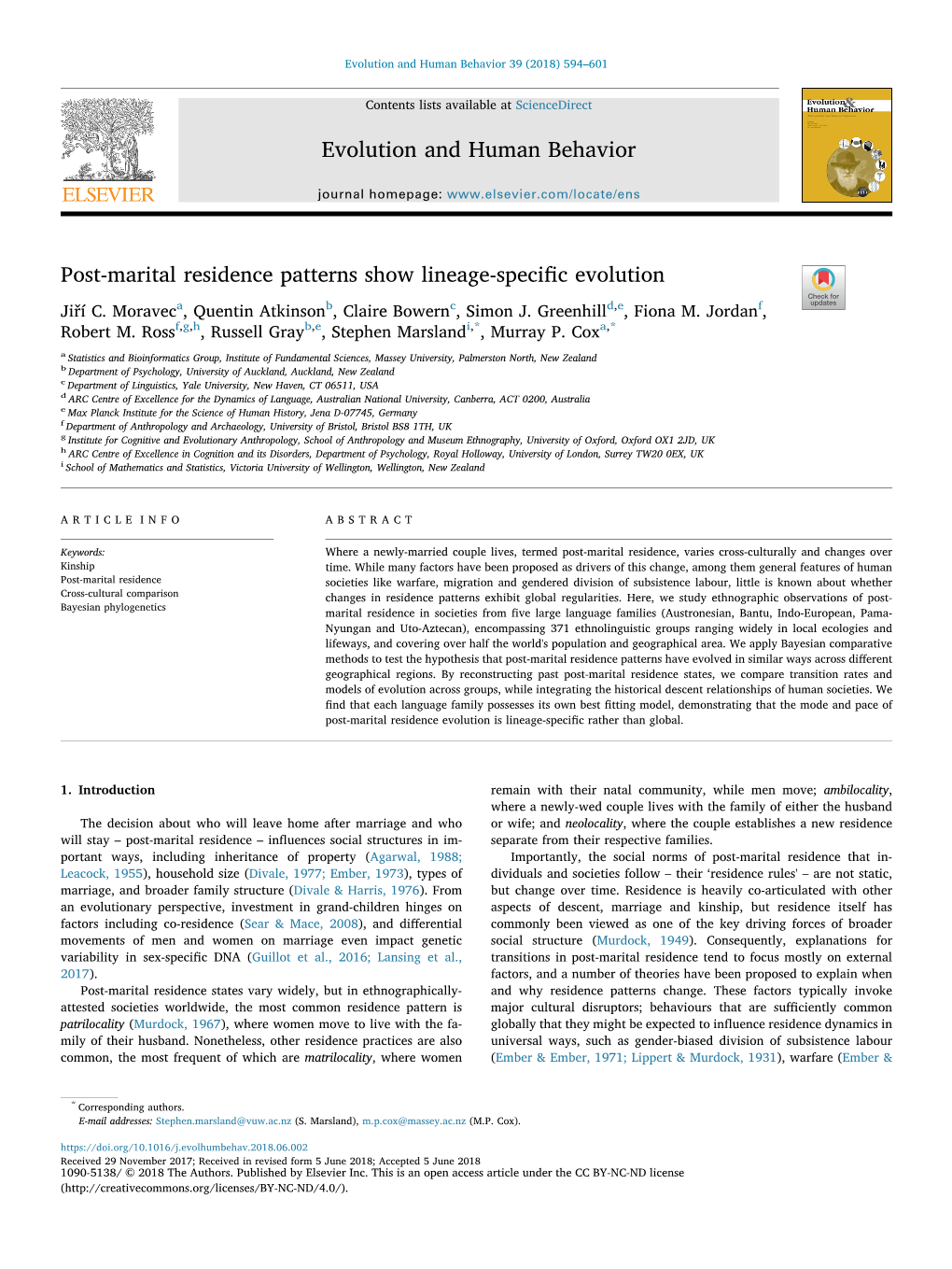 Post-Marital Residence Patterns Show Lineage-Specific Evolution