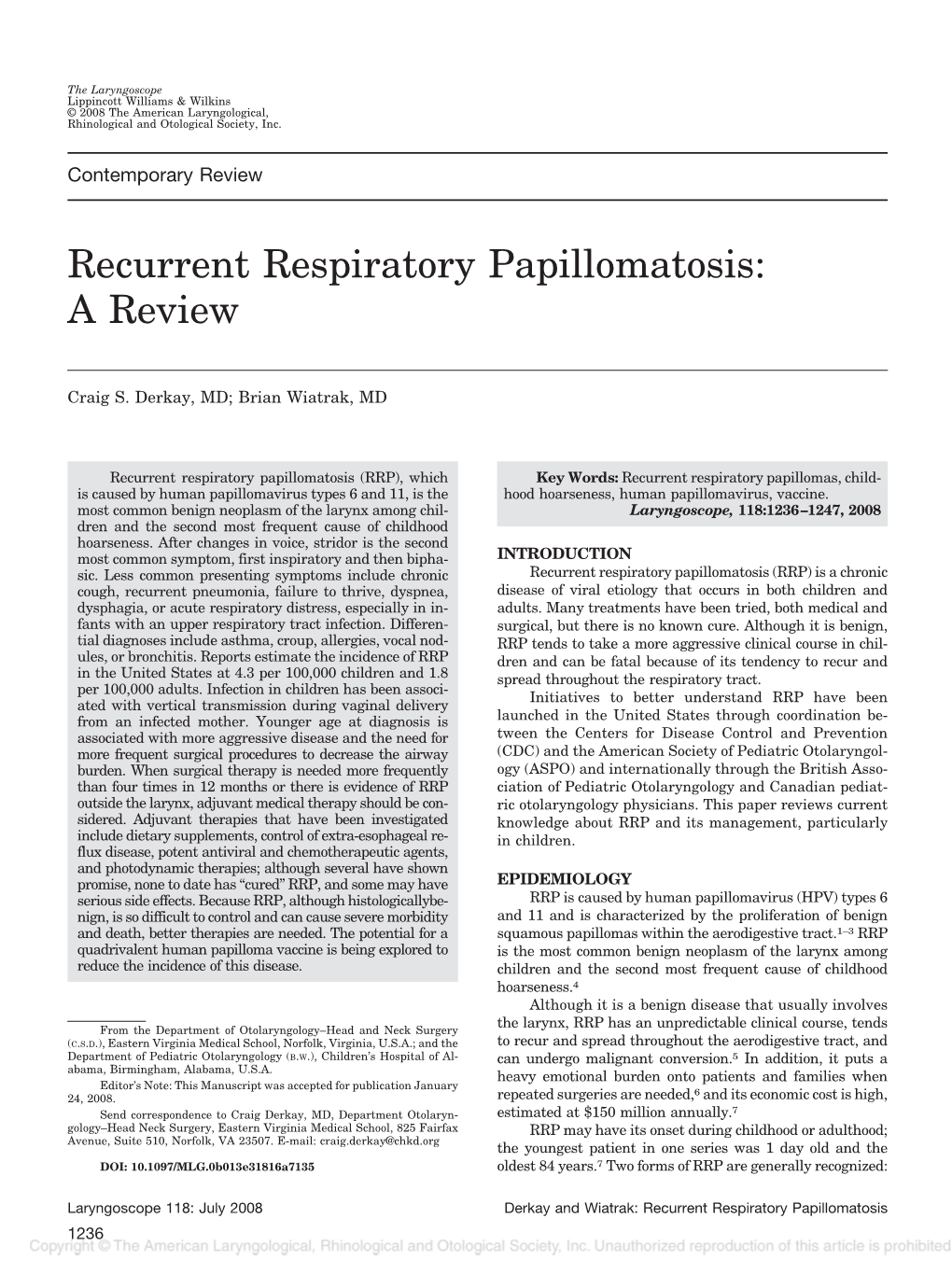 Recurrent Respiratory Papillomatosis: a Review