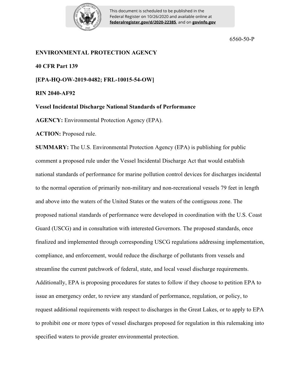 Vessel Incidental Discharge National Standards of Performance