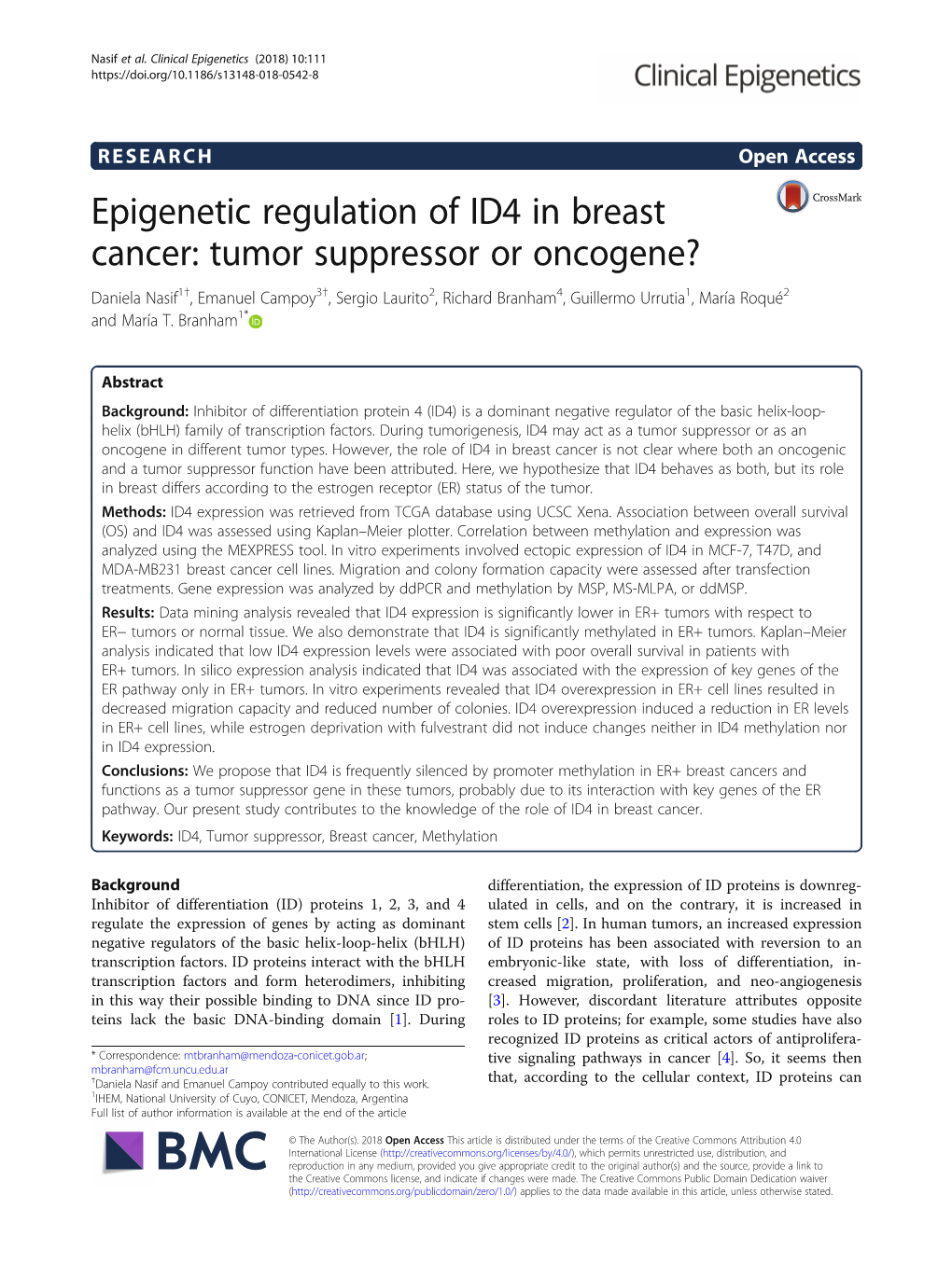 Epigenetic Regulation of ID4 in Breast Cancer: Tumor Suppressor Or