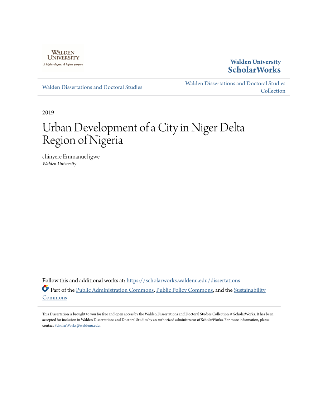 Urban Development of a City in Niger Delta Region of Nigeria Chinyere Emmanuel Igwe Walden University
