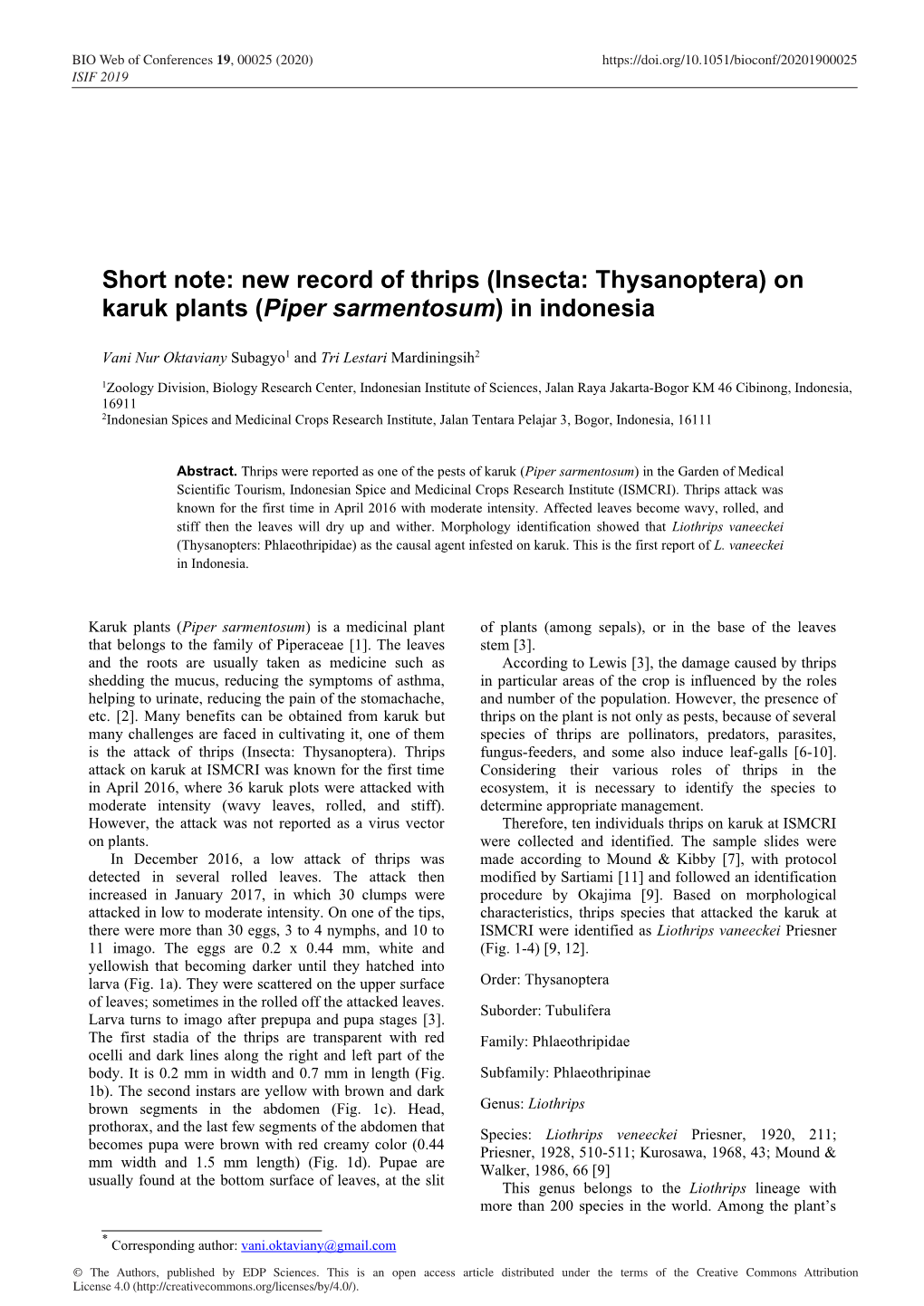 New Record of Thrips (Insecta: Thysanoptera) on Karuk Plants (Piper Sarmentosum) in Indonesia