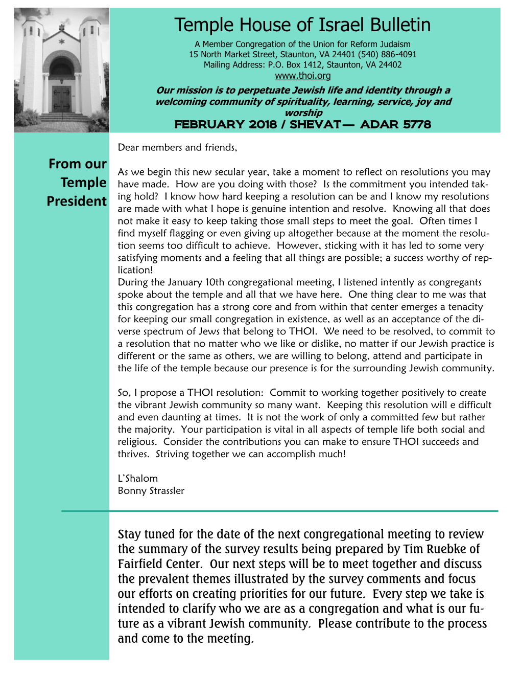 Temple House of Israel Bulletin a Member Congregation of the Union for Reform Judaism 15 North Market Street, Staunton, VA 24401 (540) 886-4091 Mailing Address: P.O