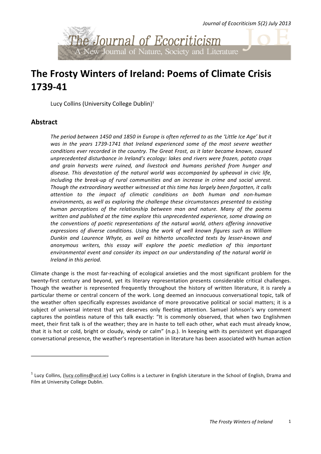 The Frosty Winters of Ireland: Poems of Climate Crisis 1739-‐41