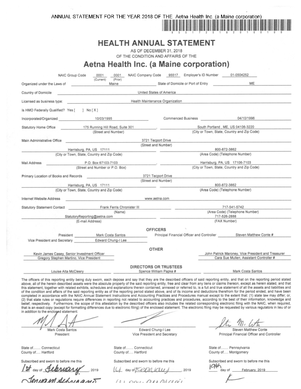 95517 Aetna Health Inc. (A Maine Corporation) Original Filing March