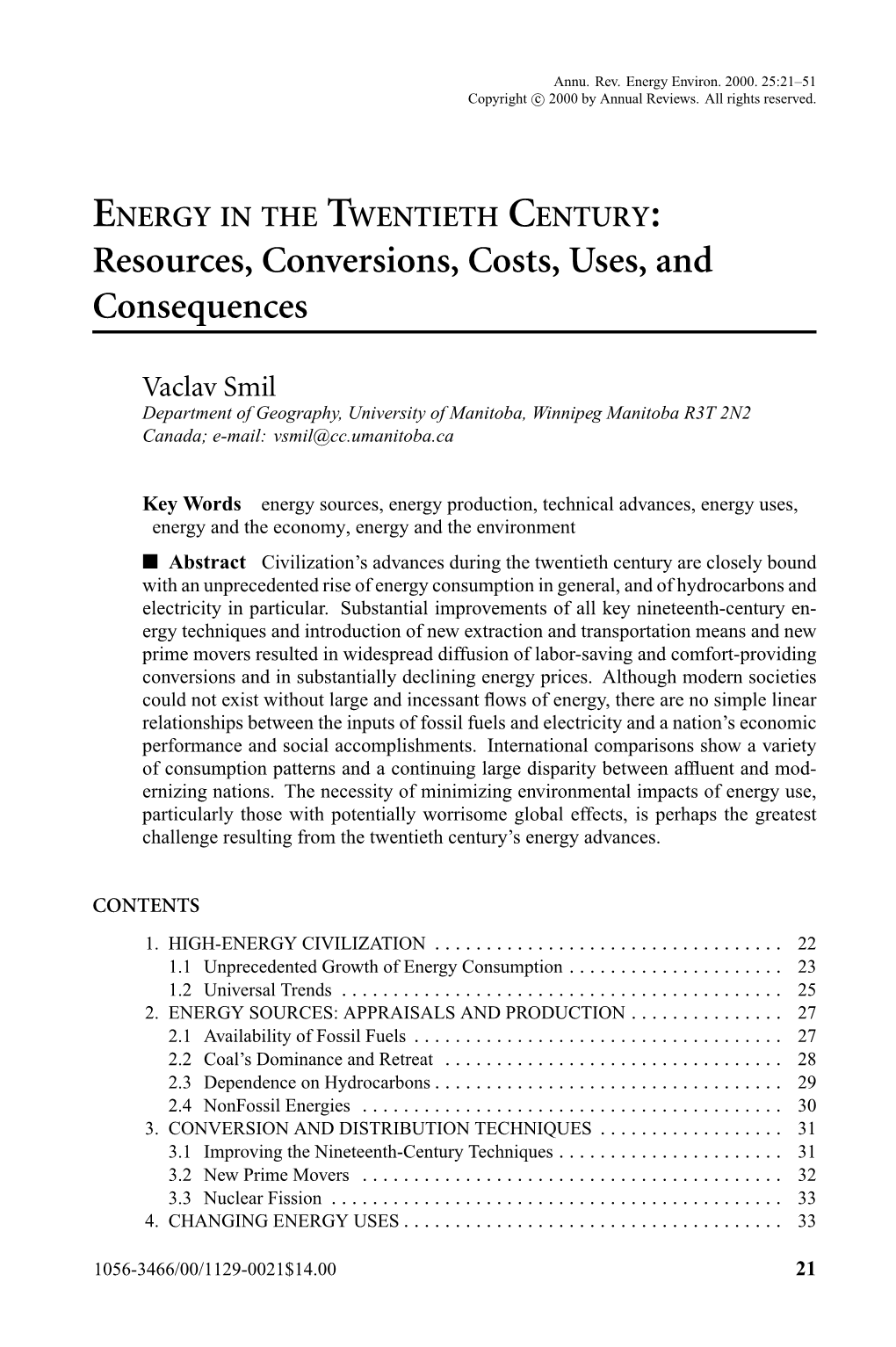 "Energy in the Twentieth Century: Resources, Conversions, Costs