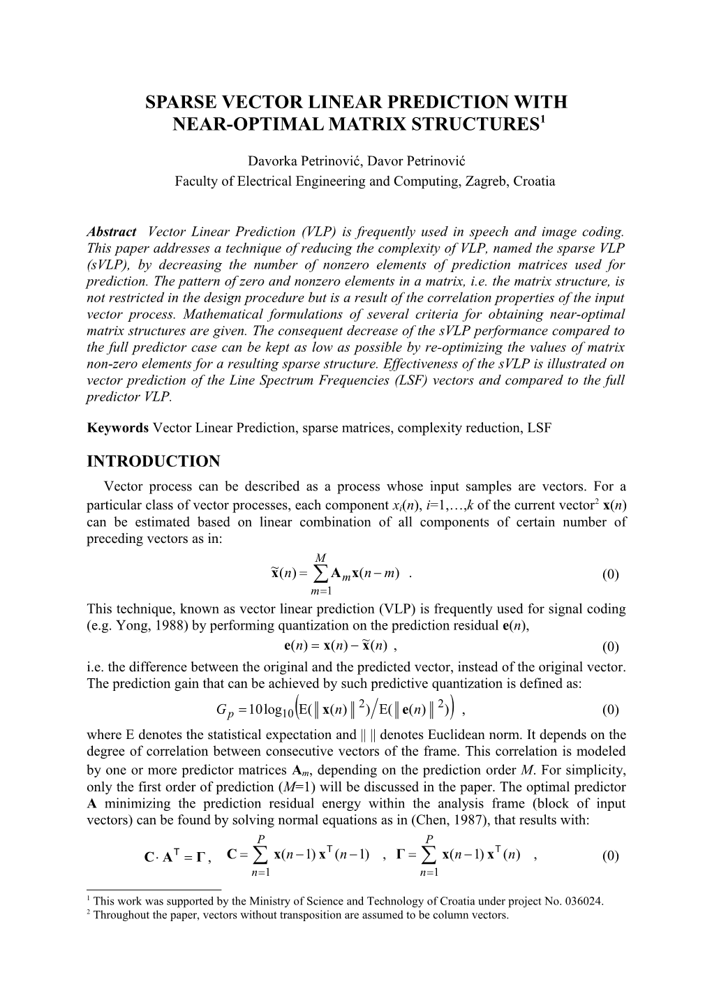 Sparse Vector Linear Prediction With