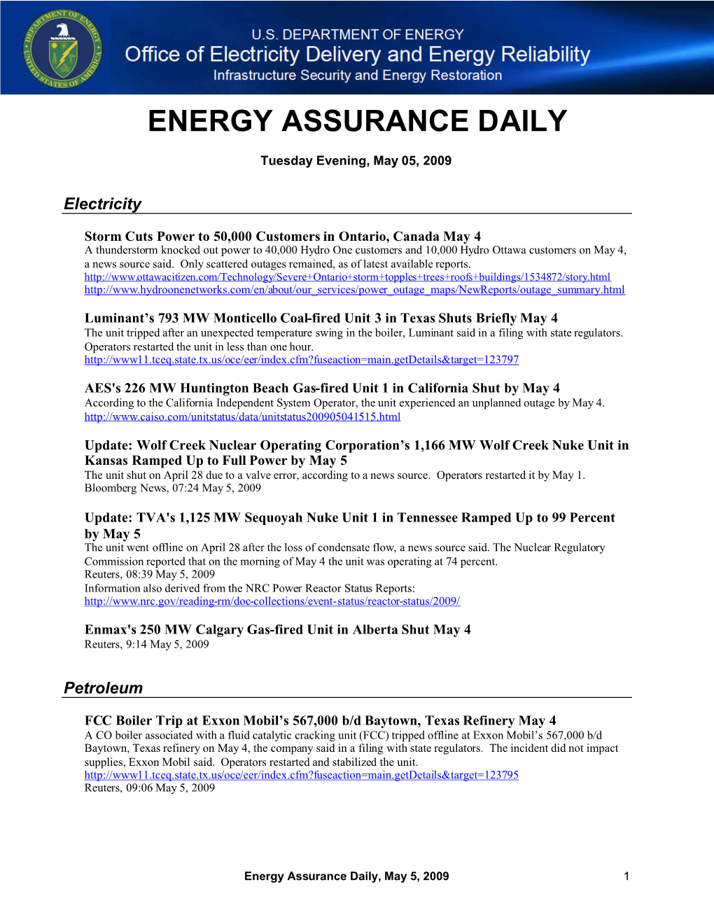 Energy Assurance Daily, May 5, 2009