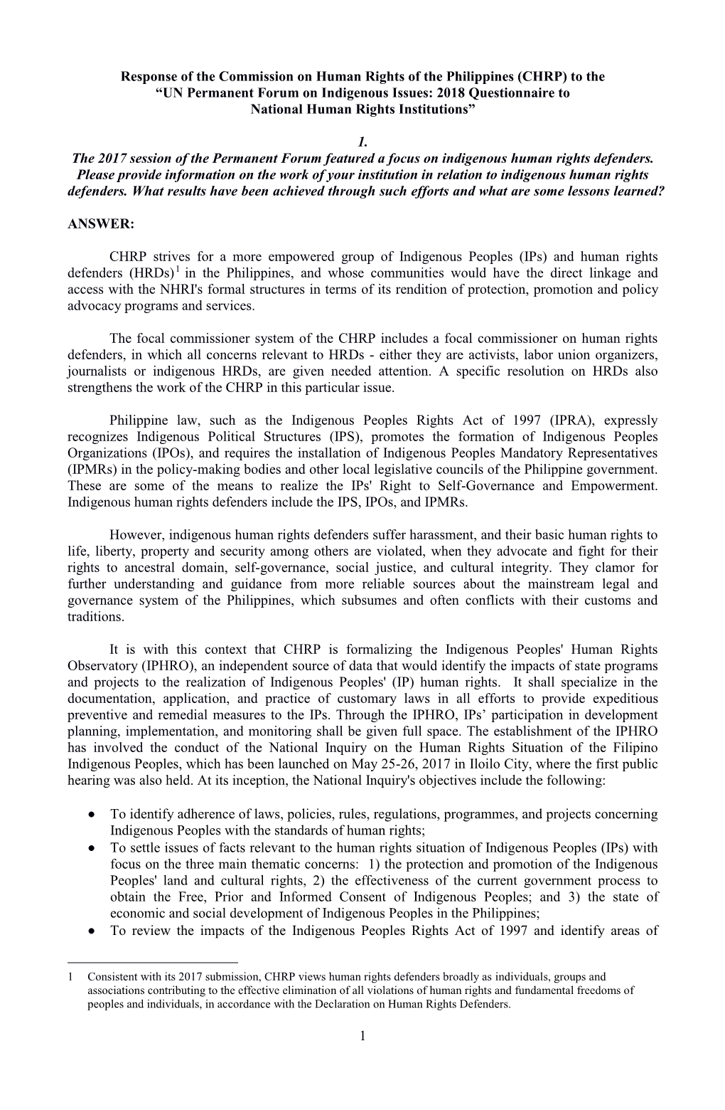 1 Response of the Commission on Human Rights of the Philippines