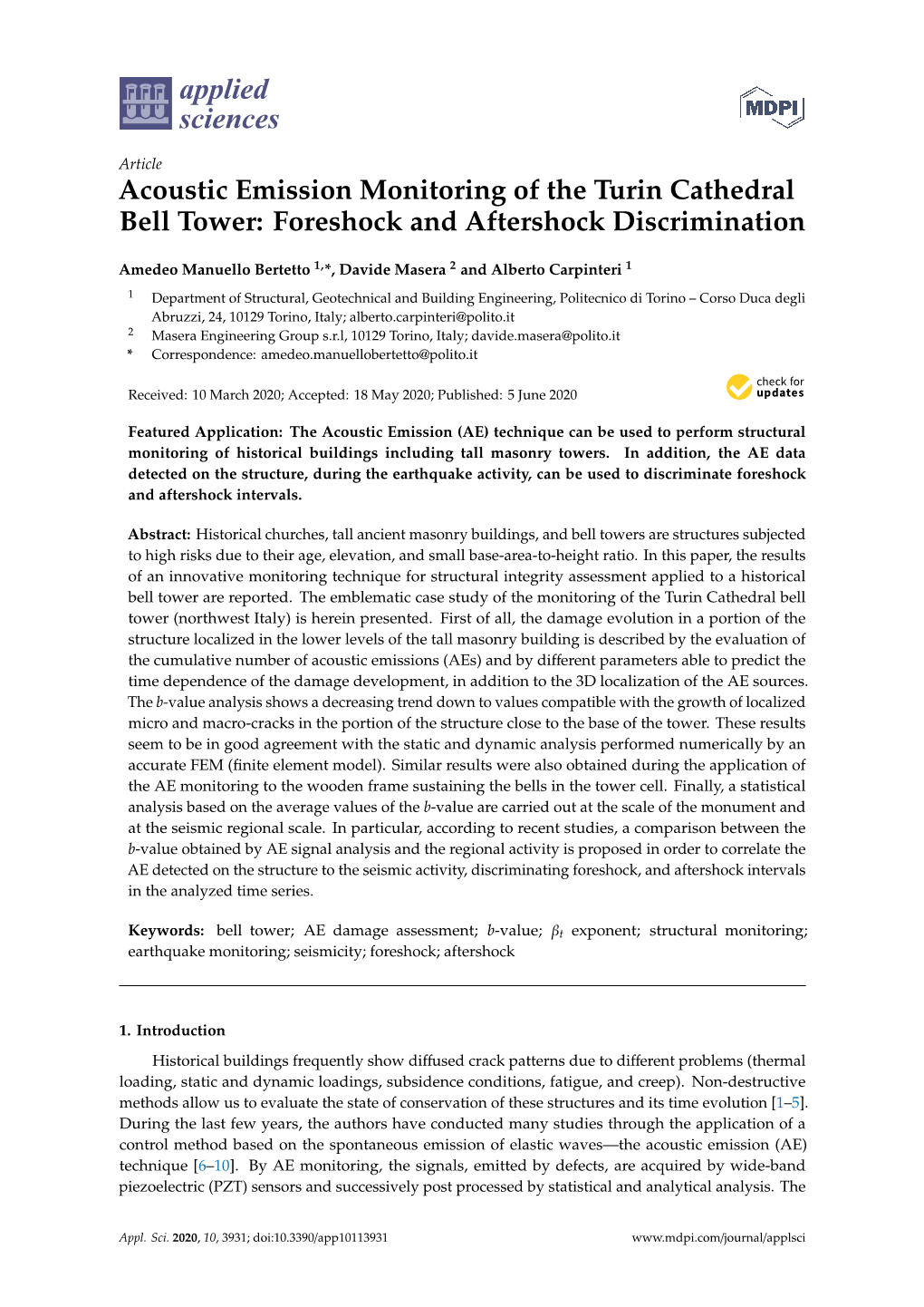 Acoustic Emission Monitoring of the Turin Cathedral Bell Tower: Foreshock and Aftershock Discrimination