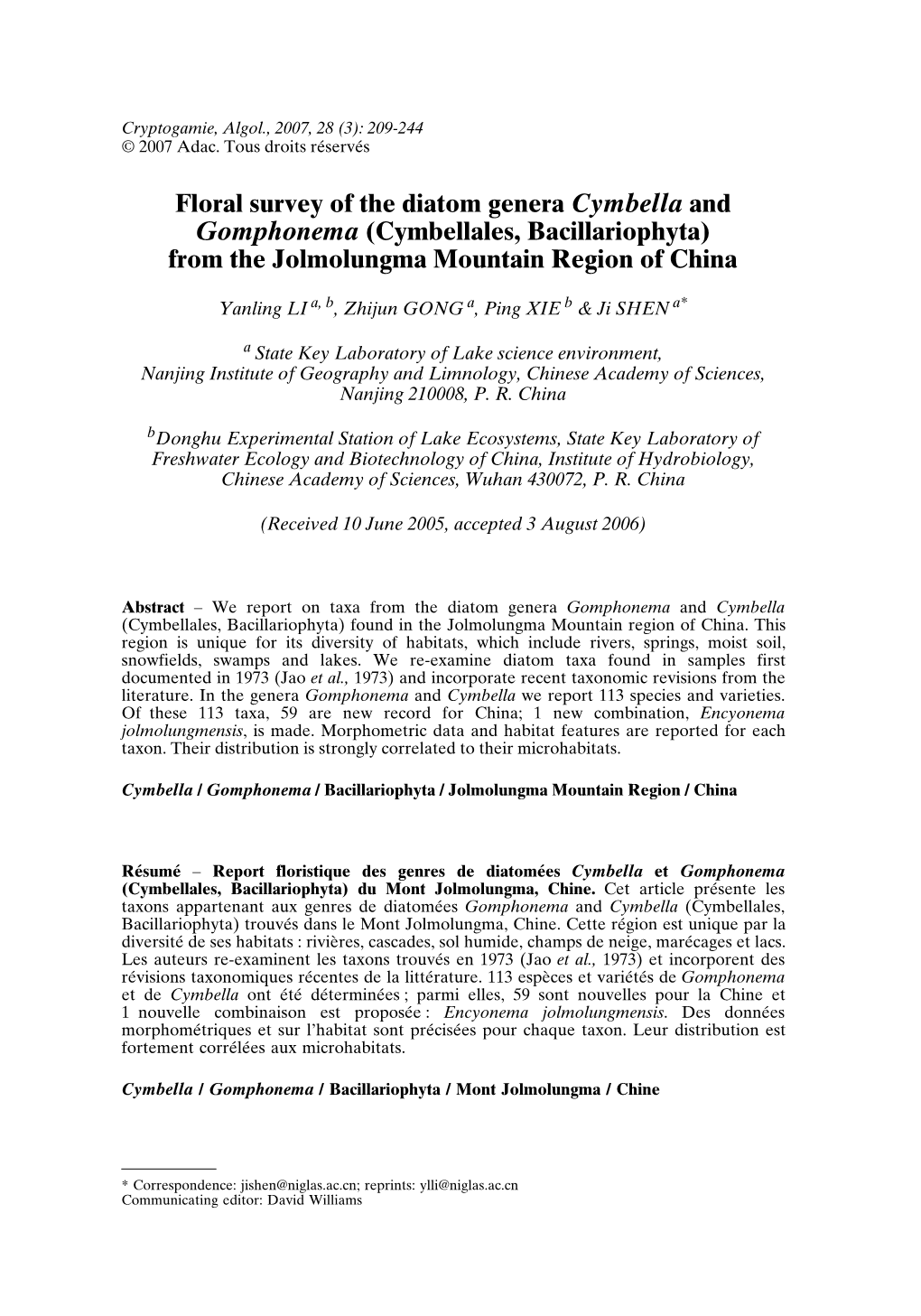 Floral Survey of the Diatom Genera Cymbella and Gomphonema (Cymbellales, Bacillariophyta) from the Jolmolungma Mountain Region of China