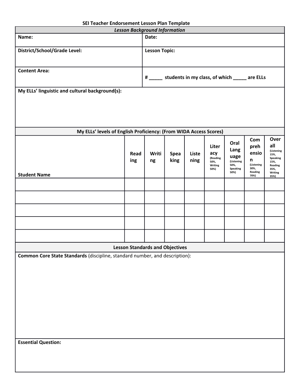 SEI Teacher Endorsement Lesson Plan Template