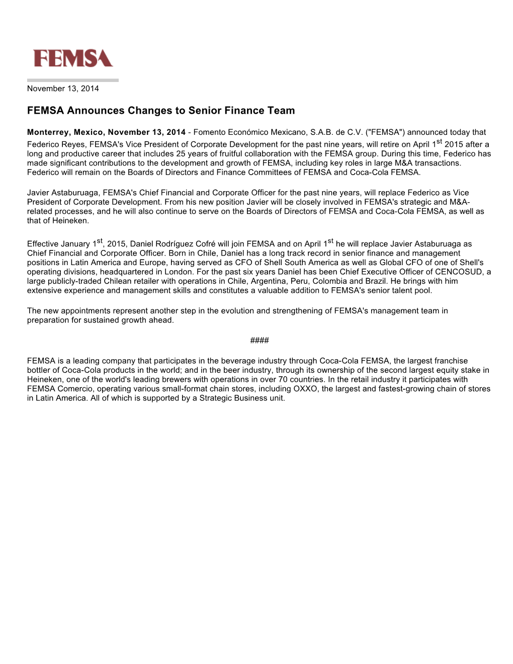 FEMSA Announces Changes to Senior Finance Team