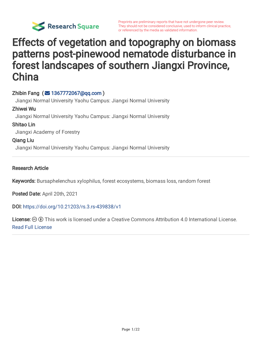 Effects of Vegetation and Topography on Biomass Patterns Post-Pinewood Nematode Disturbance in Forest Landscapes of Southern Jiangxi Province, China