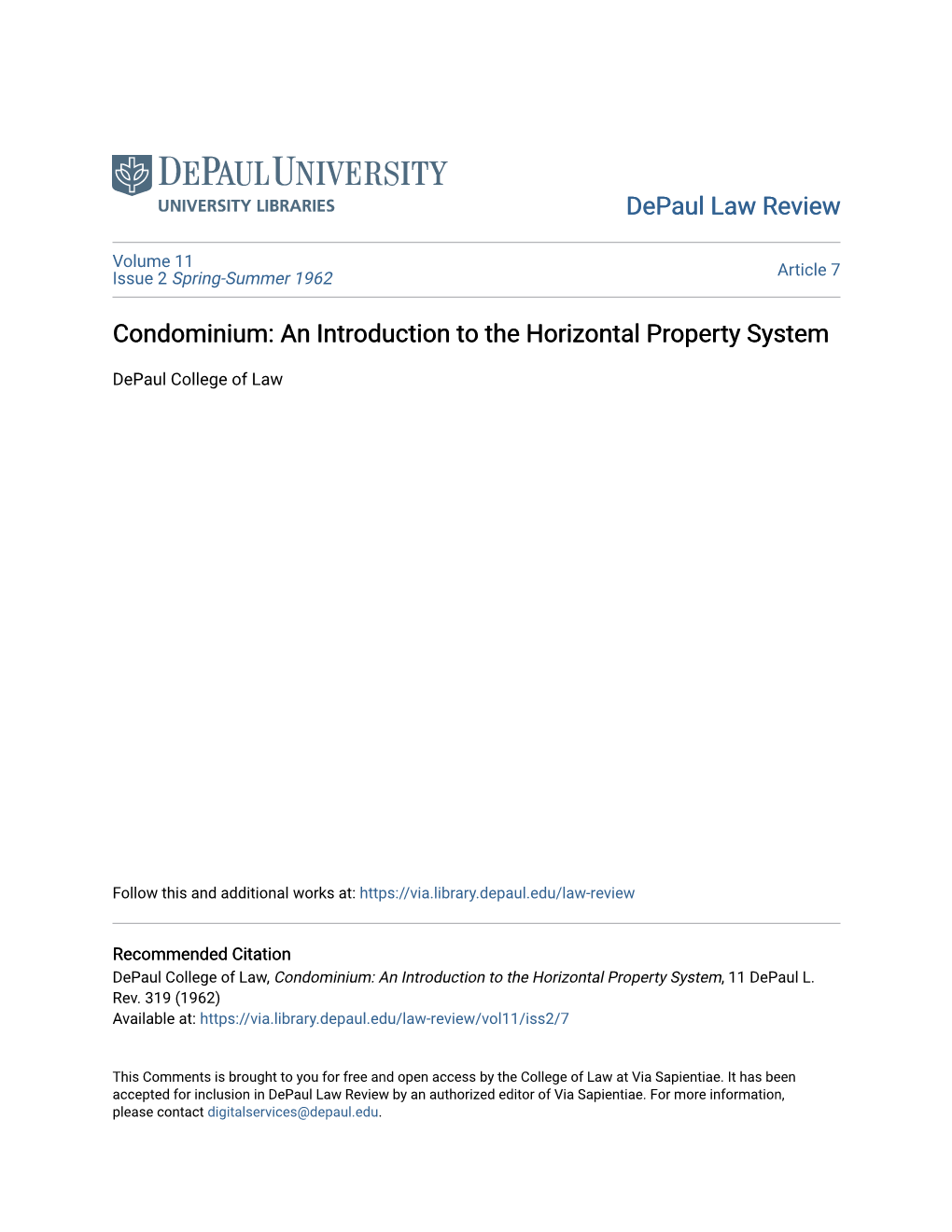 Condominium: an Introduction to the Horizontal Property System