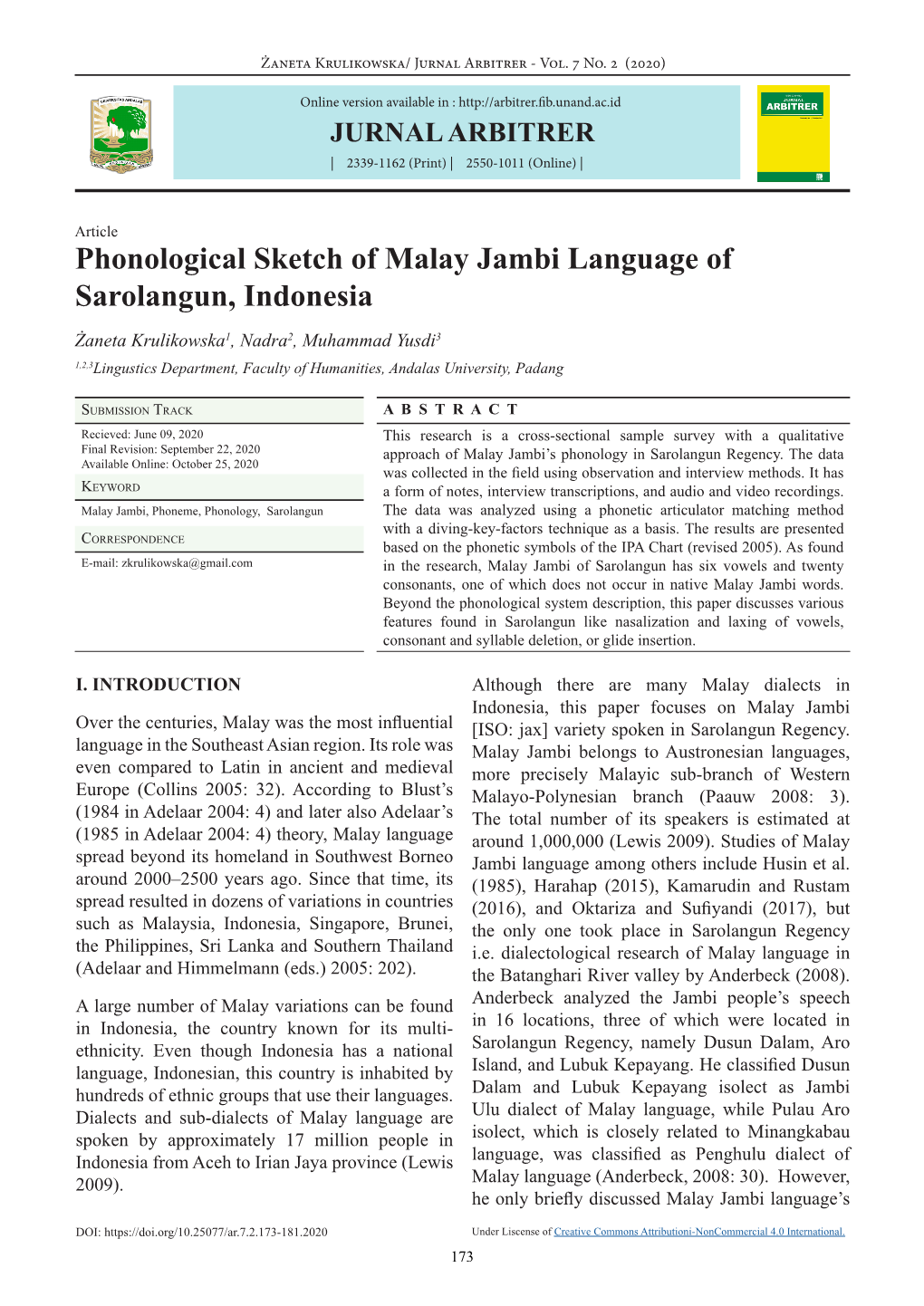 Phonological Sketch of Malay Jambi Language of Sarolangun, Indonesia