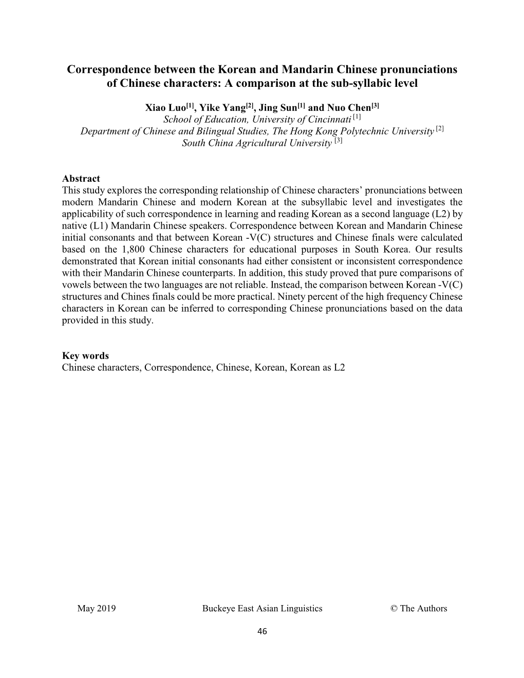 Correspondence Between the Korean and Mandarin Chinese Pronunciations of Chinese Characters: a Comparison at the Sub-Syllabic Level