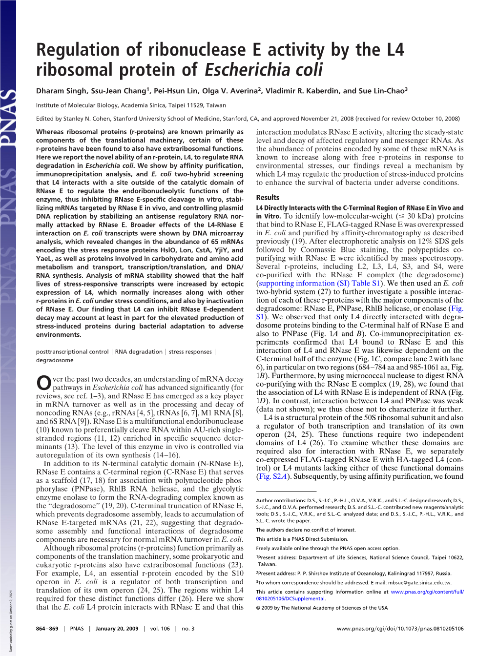 Regulation of Ribonuclease E Activity by the L4 Ribosomal Protein of Escherichia Coli
