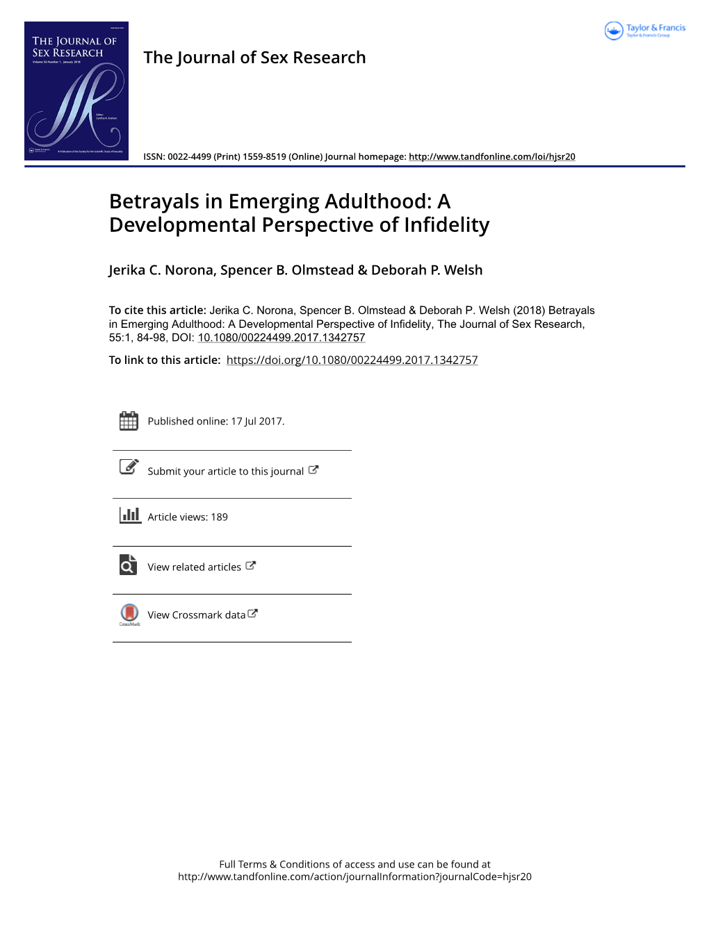 Betrayals in Emerging Adulthood: a Developmental Perspective of Infidelity