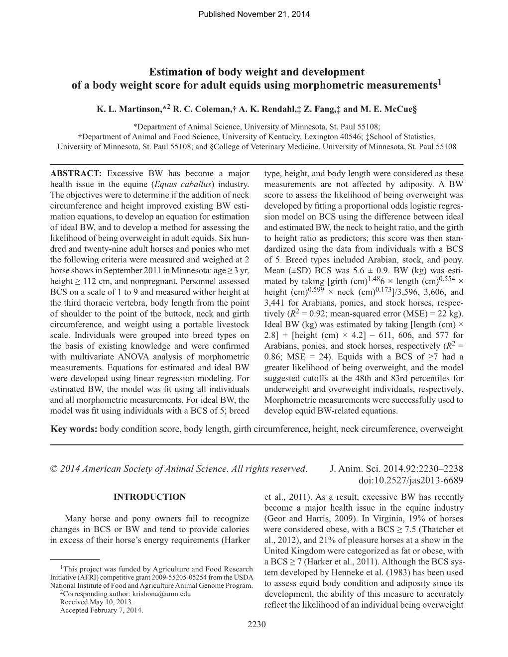 Estimation of Body Weight and Development of a Body Weight Score for Adult Equids Using Morphometric Measurements1