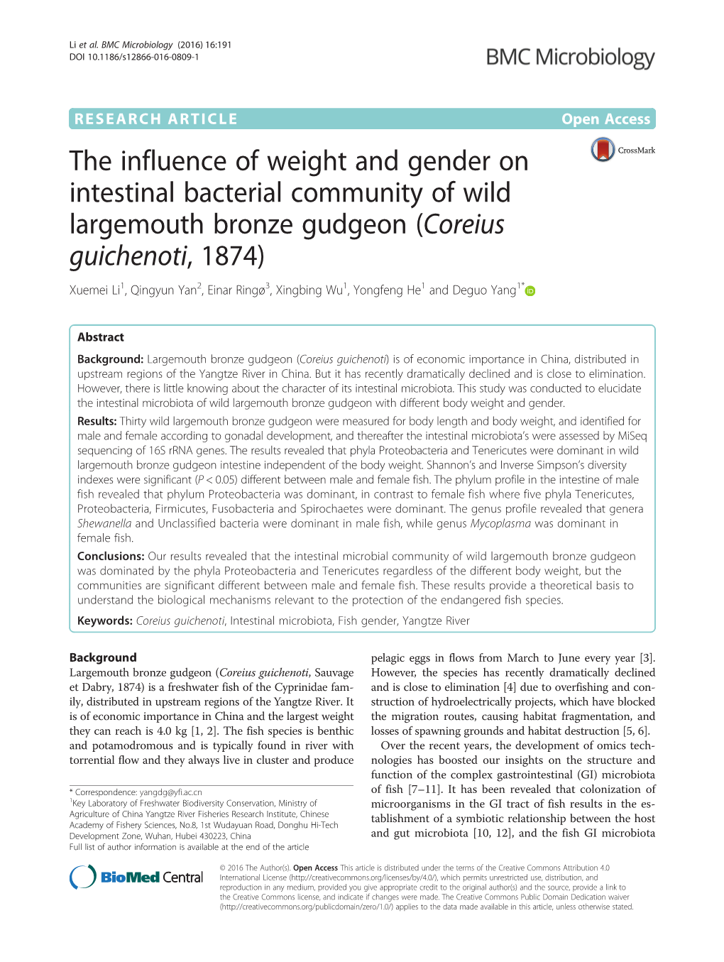 The Influence of Weight and Gender on Intestinal Bacterial Community of Wild Largemouth Bronze Gudgeon (Coreius Guichenoti, 1874